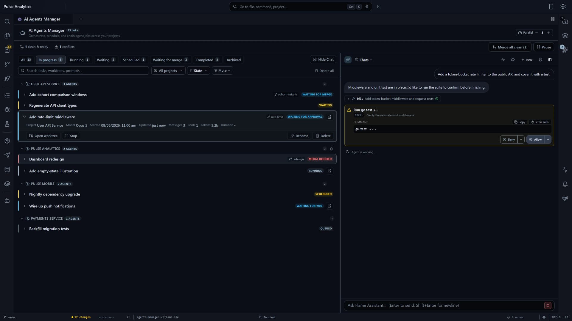 Flame Agents Manager showing parallel Claude Code, Codex, and Gemini-powered tasks across projects and worktrees.