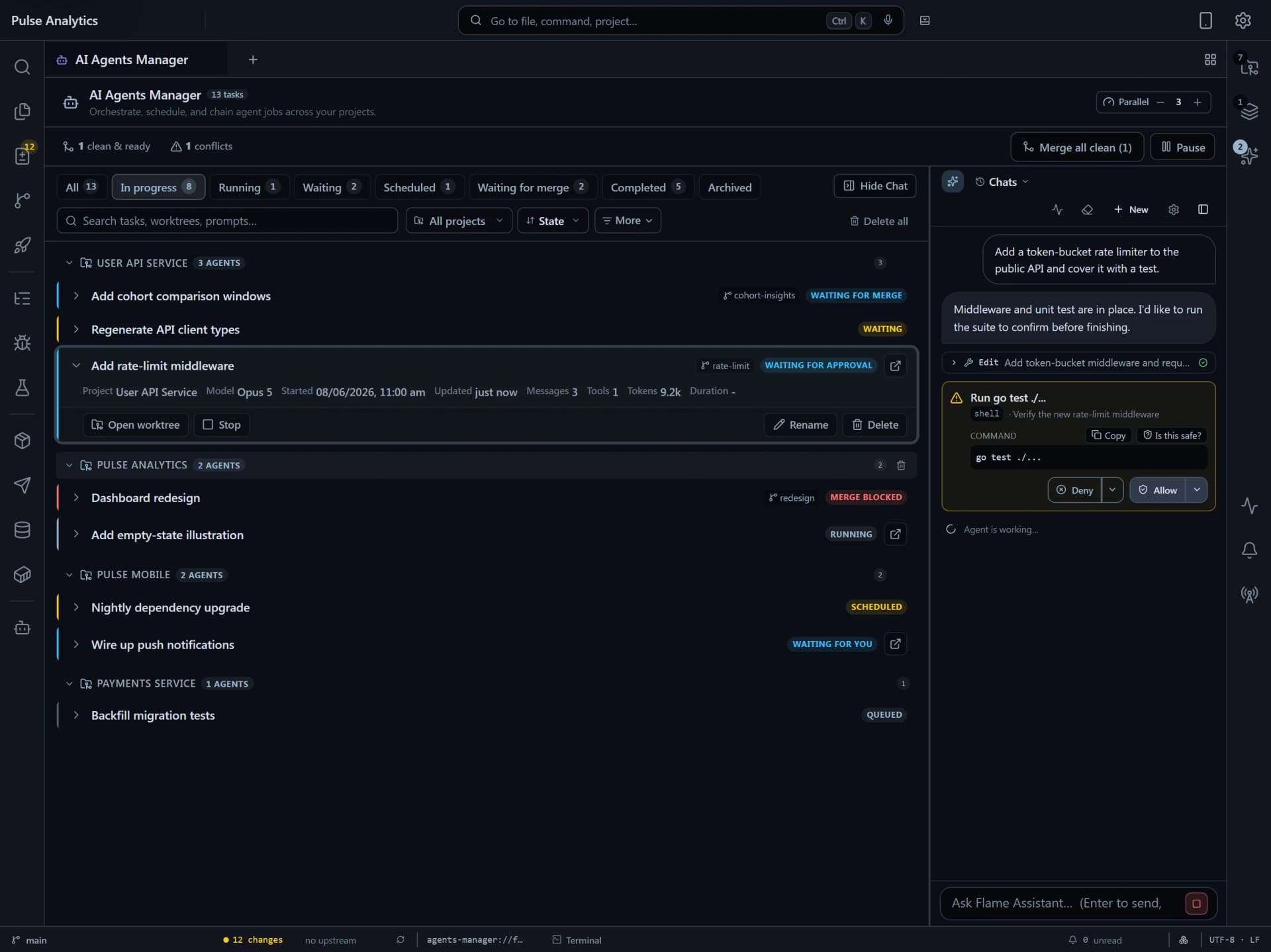 Flame AI Agents Manager dashboard displaying tasks, schedules, and agent fleet