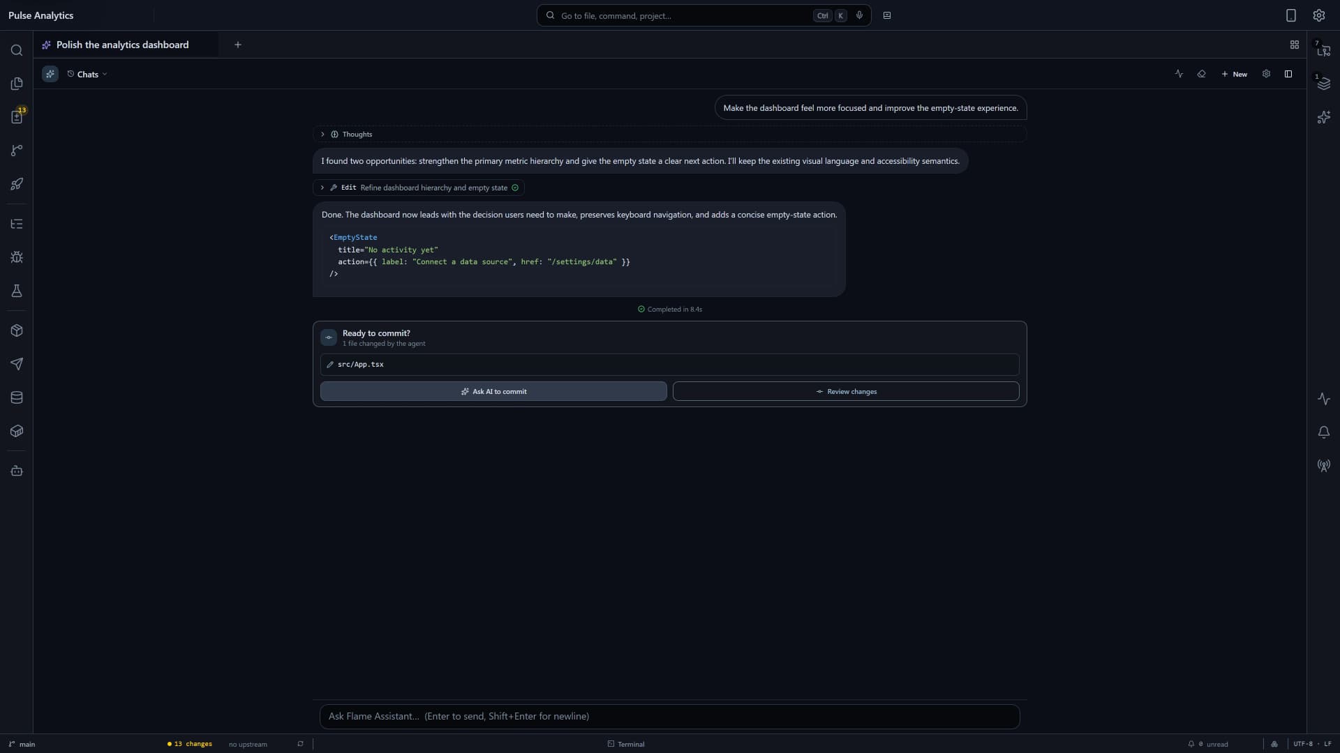 Flame AI chat with local-model project context, terminal output, and code review tools