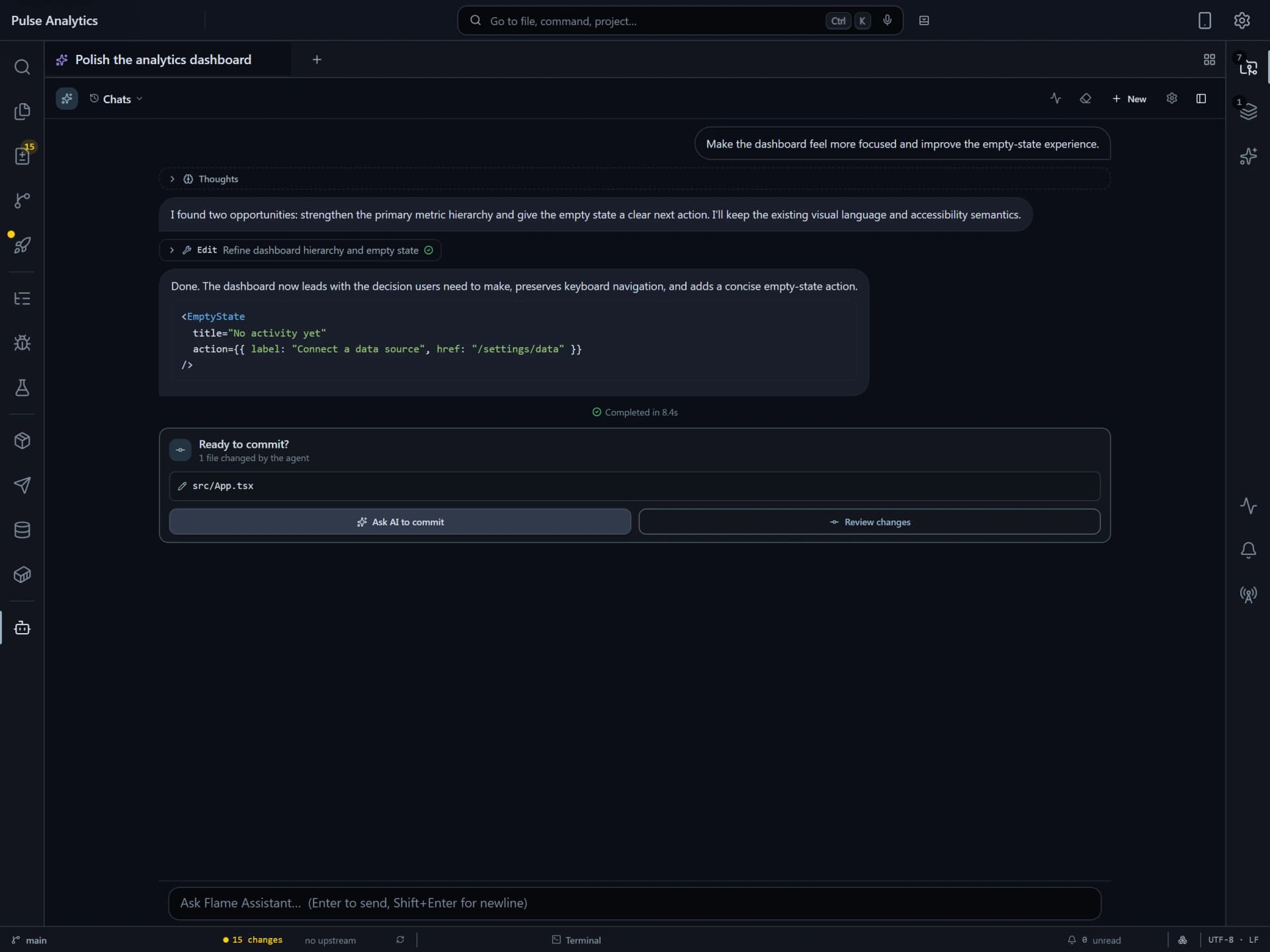 Flame AI chat showing a completed dashboard edit and a changed App.tsx file ready for review