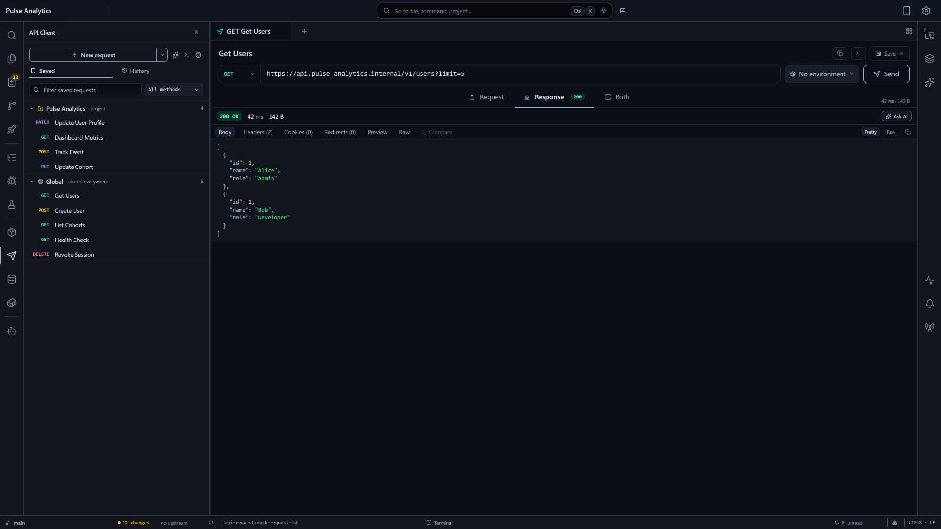 Flame built-in REST and GraphQL API Client showing request method, URL bar, auth headers, environments, and response viewer.