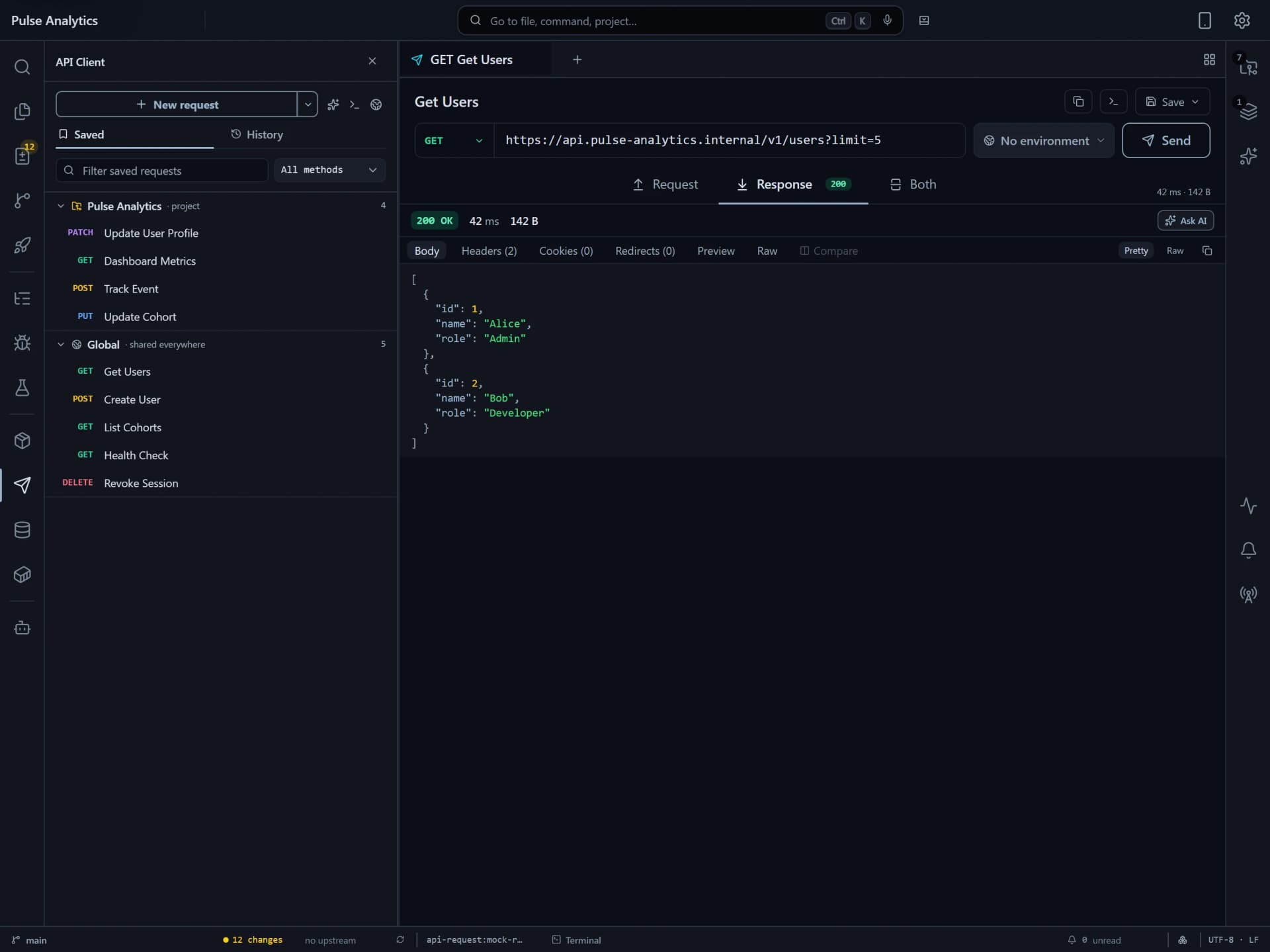 Flame API client showing saved GET requests and a formatted JSON response.