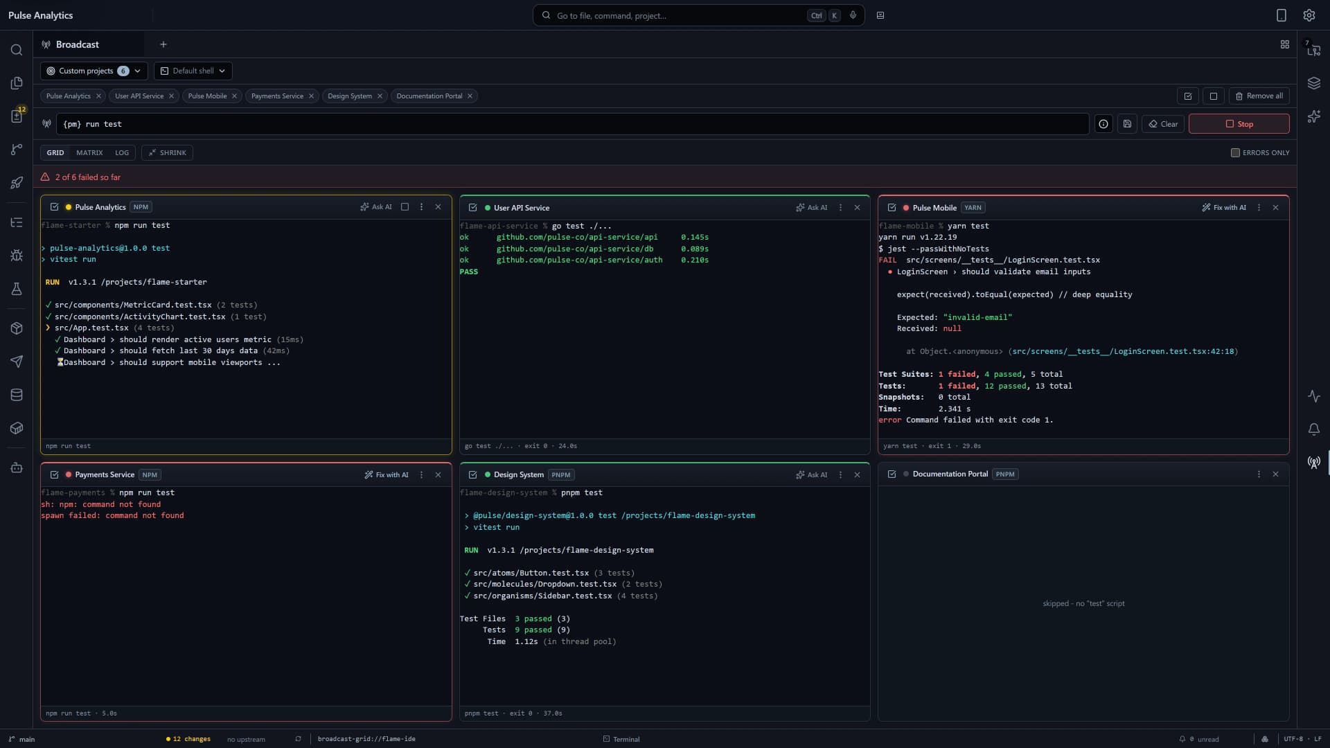 Flame Broadcast Terminal running templated commands across multiple repository tiles simultaneously.