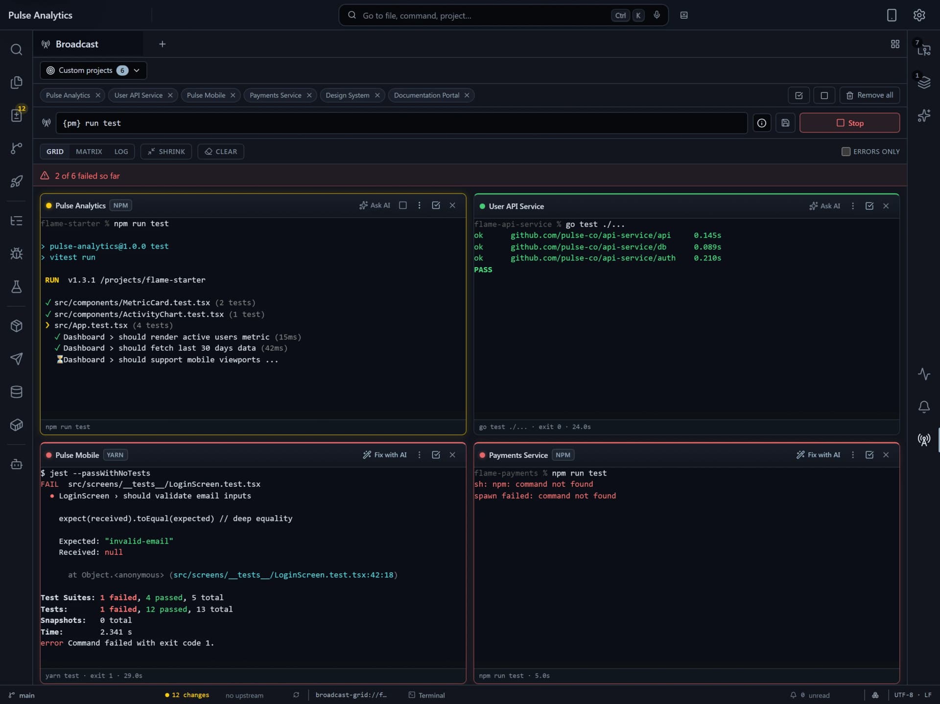 Flame Broadcast terminal running a test command across six projects with separate passed, failed, and skipped results