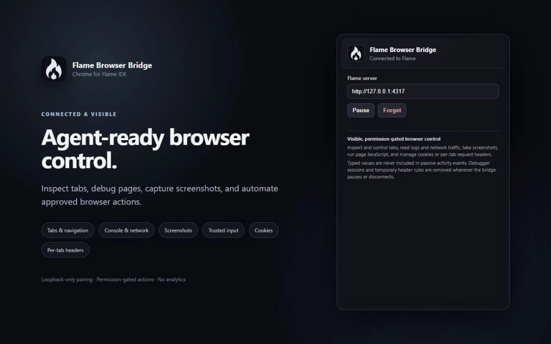 Flame Browser Bridge Chrome extension connected status displaying loopback connection and active paired state.