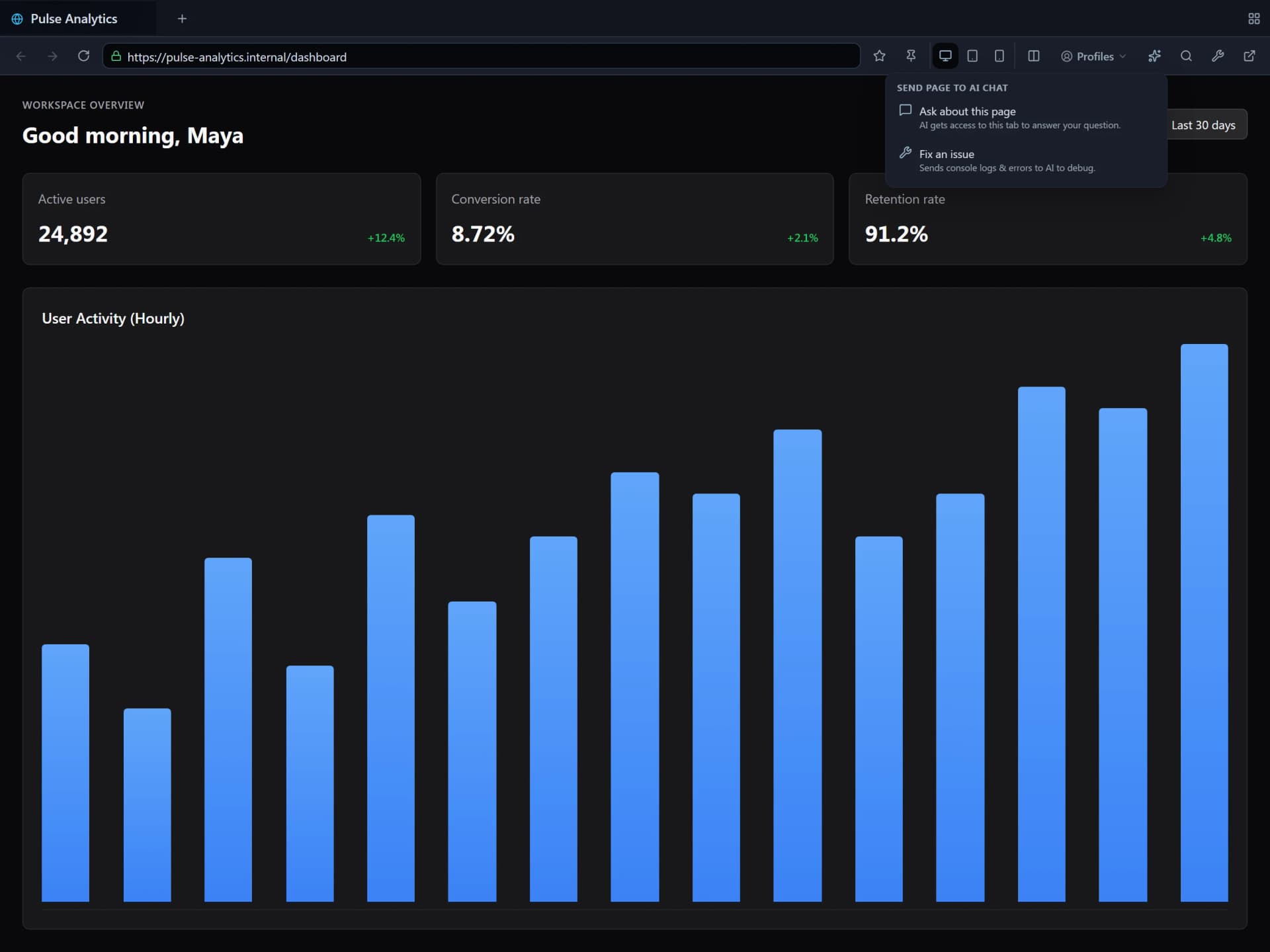 Flame internal browser displaying the responsive Pulse Analytics dashboard
