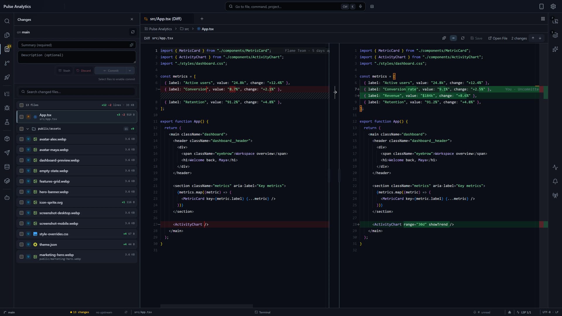Flame changed-file review showing the code produced by an AI task before it is merged.