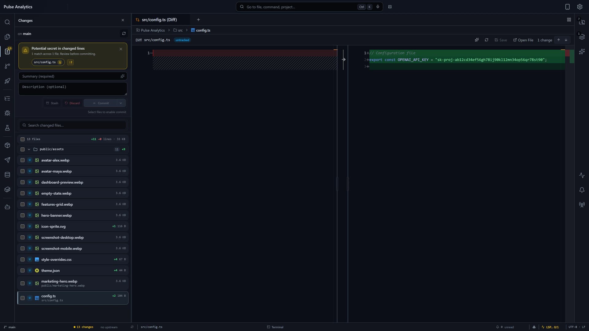 Flame warning that a secret token was detected in pending changes