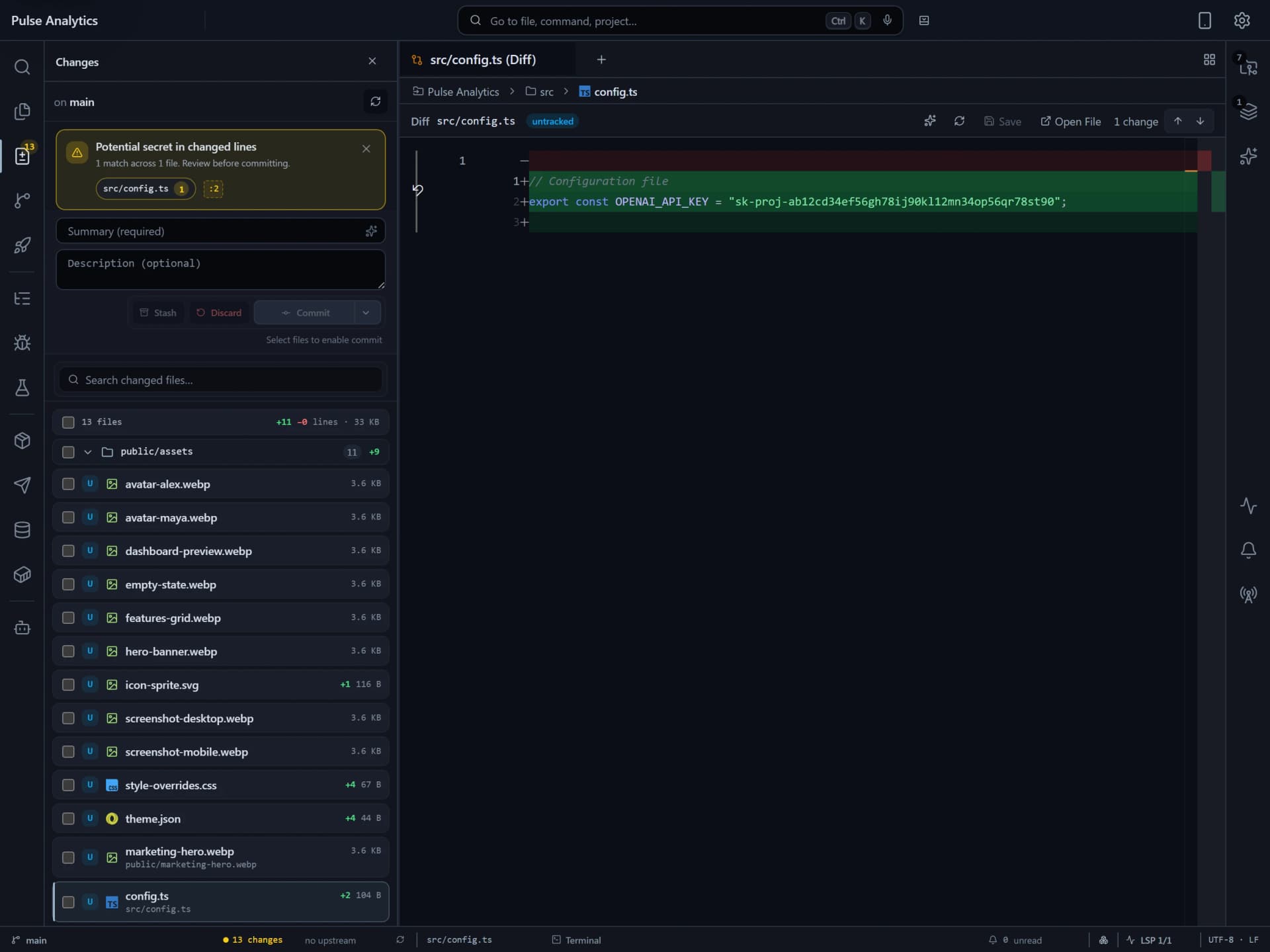 Flame warning that a secret token was detected in pending changes