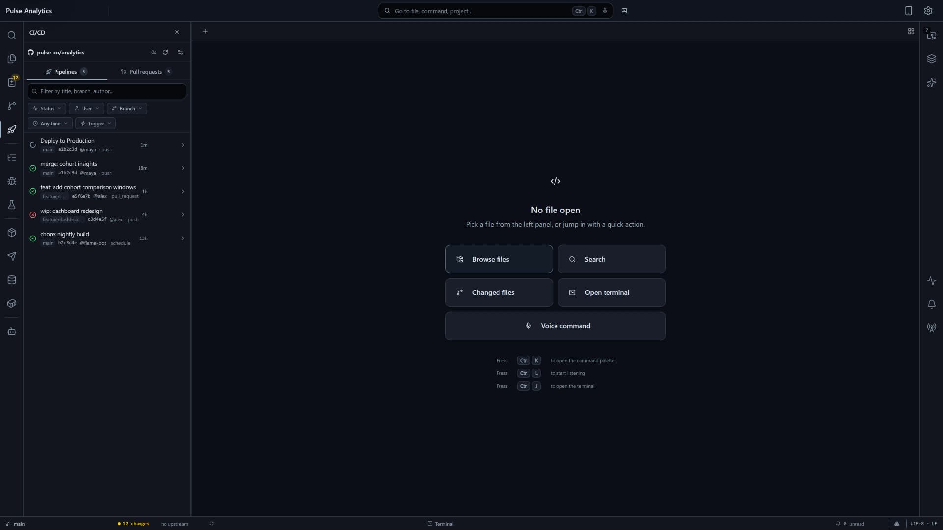 Flame CI/CD panel displaying GitHub Actions and GitLab pipelines, job runs, pull request status, and build logs.