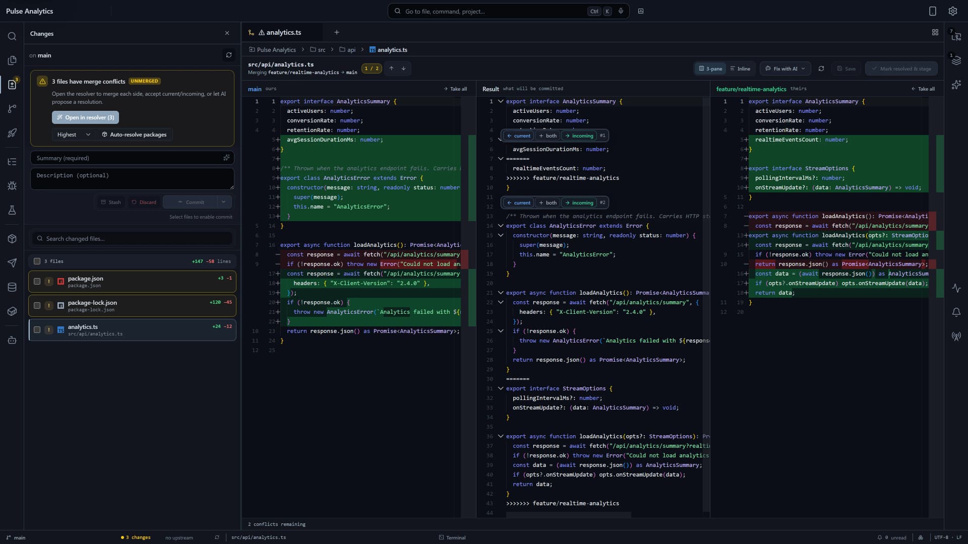 Flame IDE showing a three-pane Git conflict resolver with current, result, and incoming versions beside a list of conflicted source and package files.
