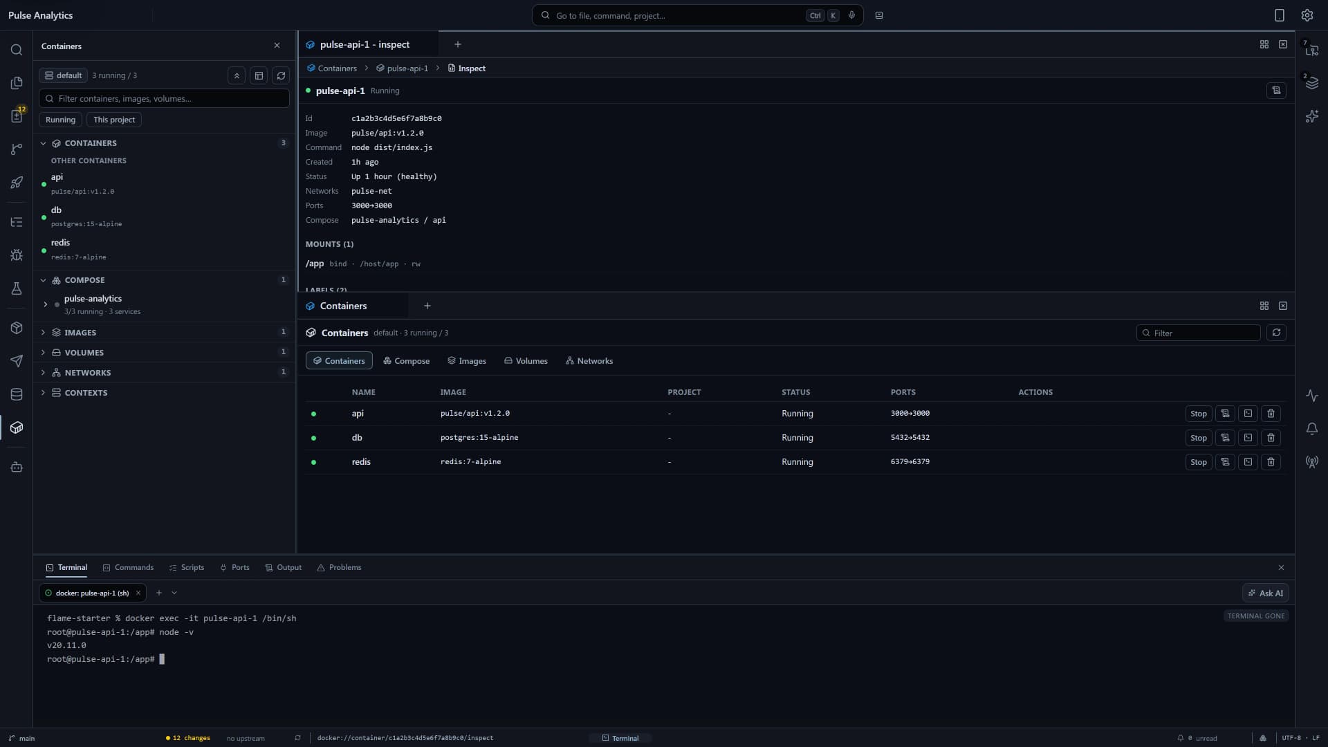 Flame Containers panel showing Docker workloads, status, CPU and memory metrics, logs, shell, and lifecycle controls.