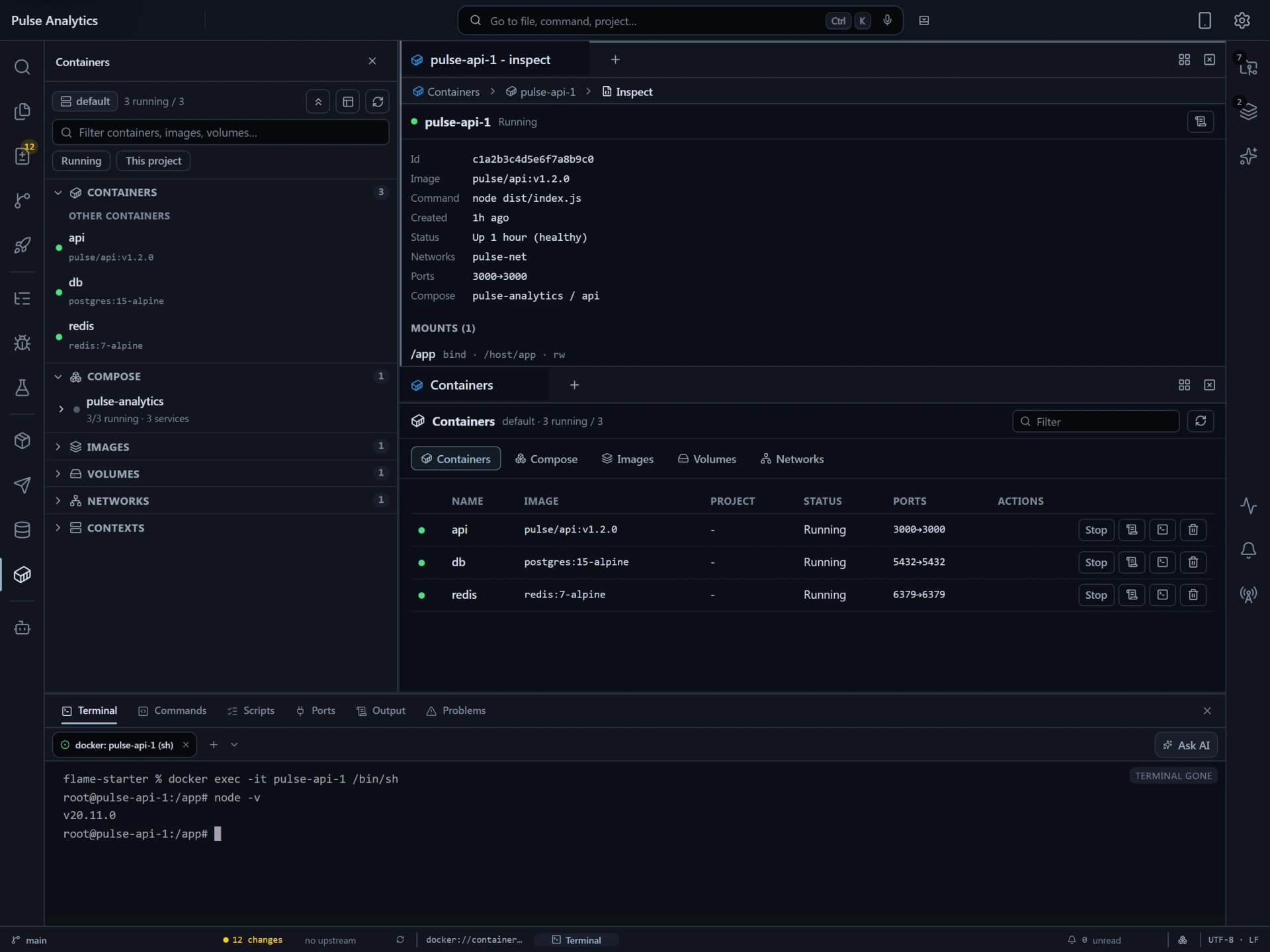 Flame Containers panel displaying Docker containers, Docker Compose stacks, real-time resource utilization charts, and container terminal logs