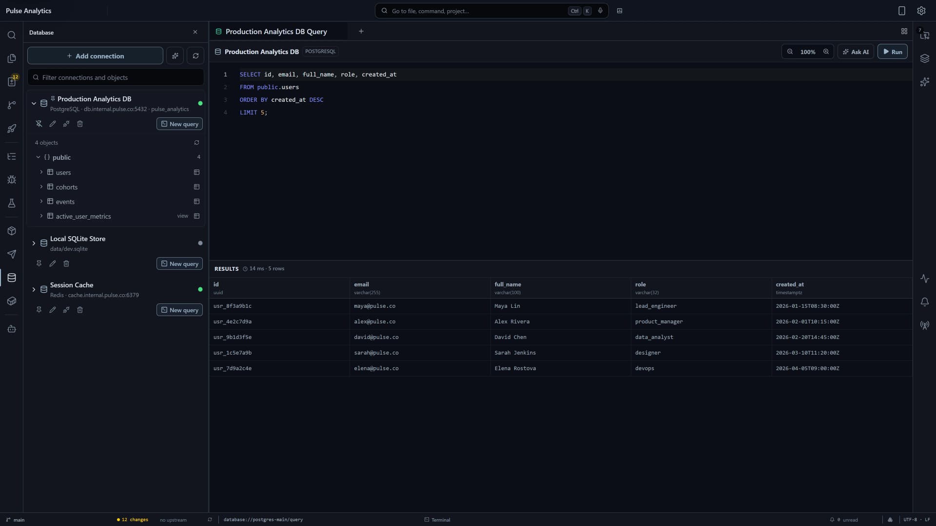 Flame Database Workspace showing connections, a schema tree, query editor, execution timing, and tabular results.