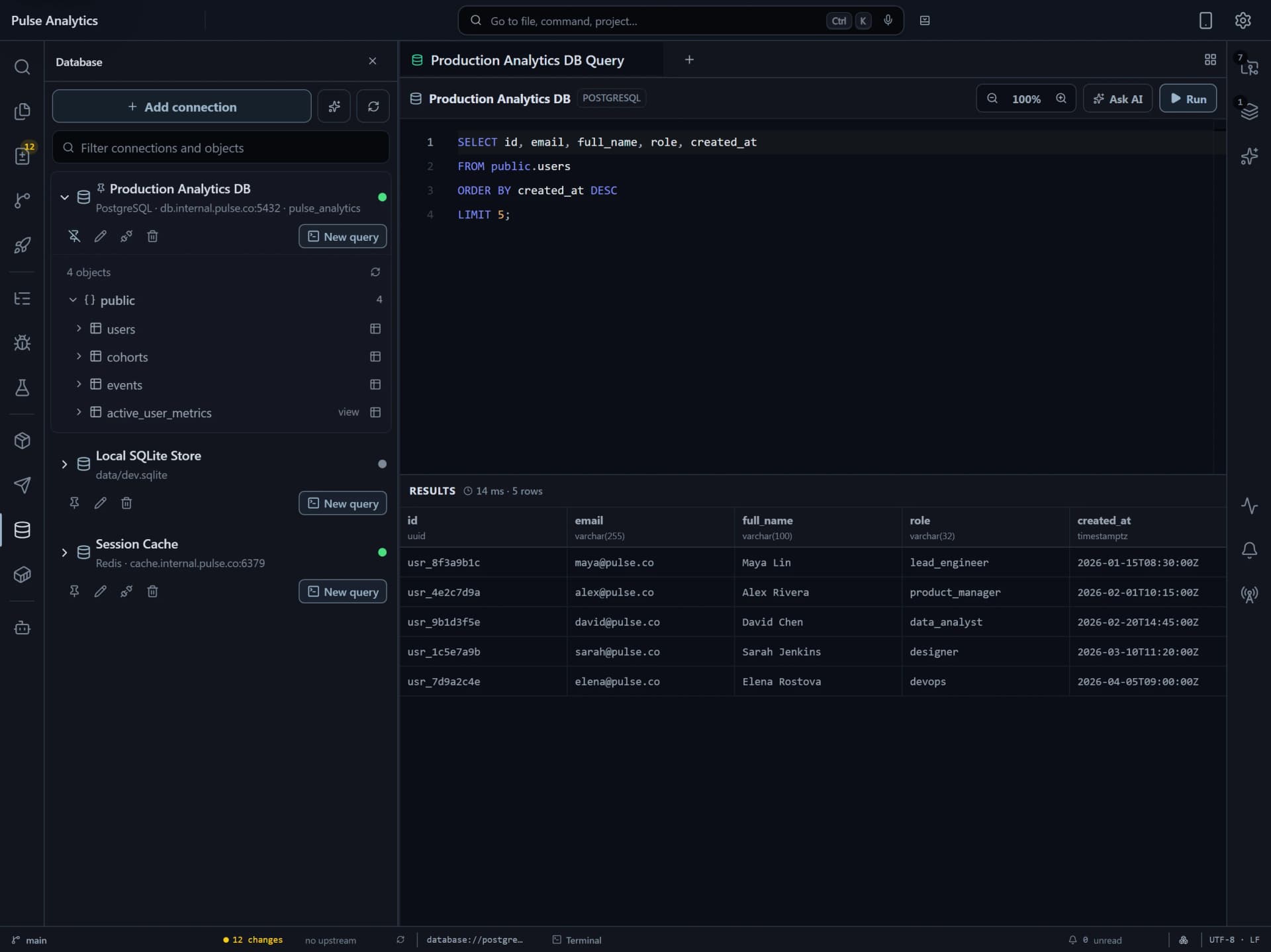 Flame Database Workspace displaying PostgreSQL schema tree, query editor with syntax highlighting, and table data grid