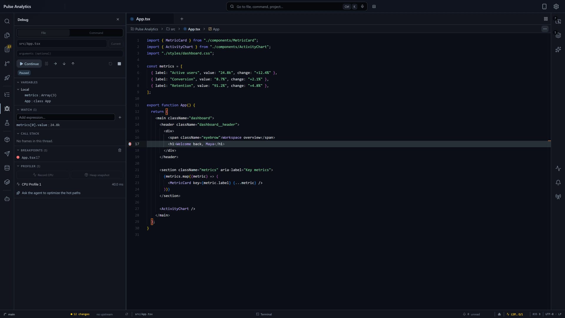 Flame IDE integrated debugger pausing on a breakpoint, displaying watches, call stack, variables, and profiling capabilities.