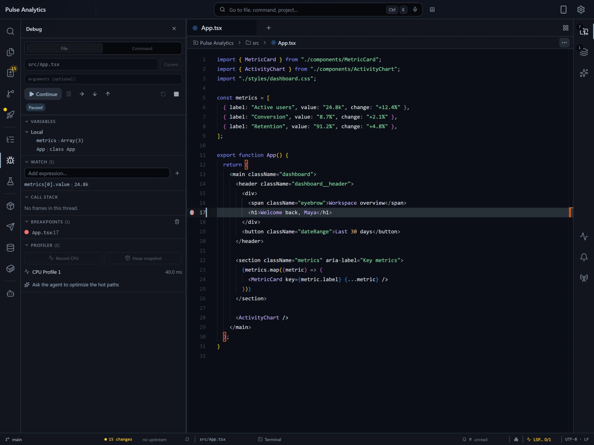 Flame debugger paused at a breakpoint with variables, watch expressions, and breakpoints.