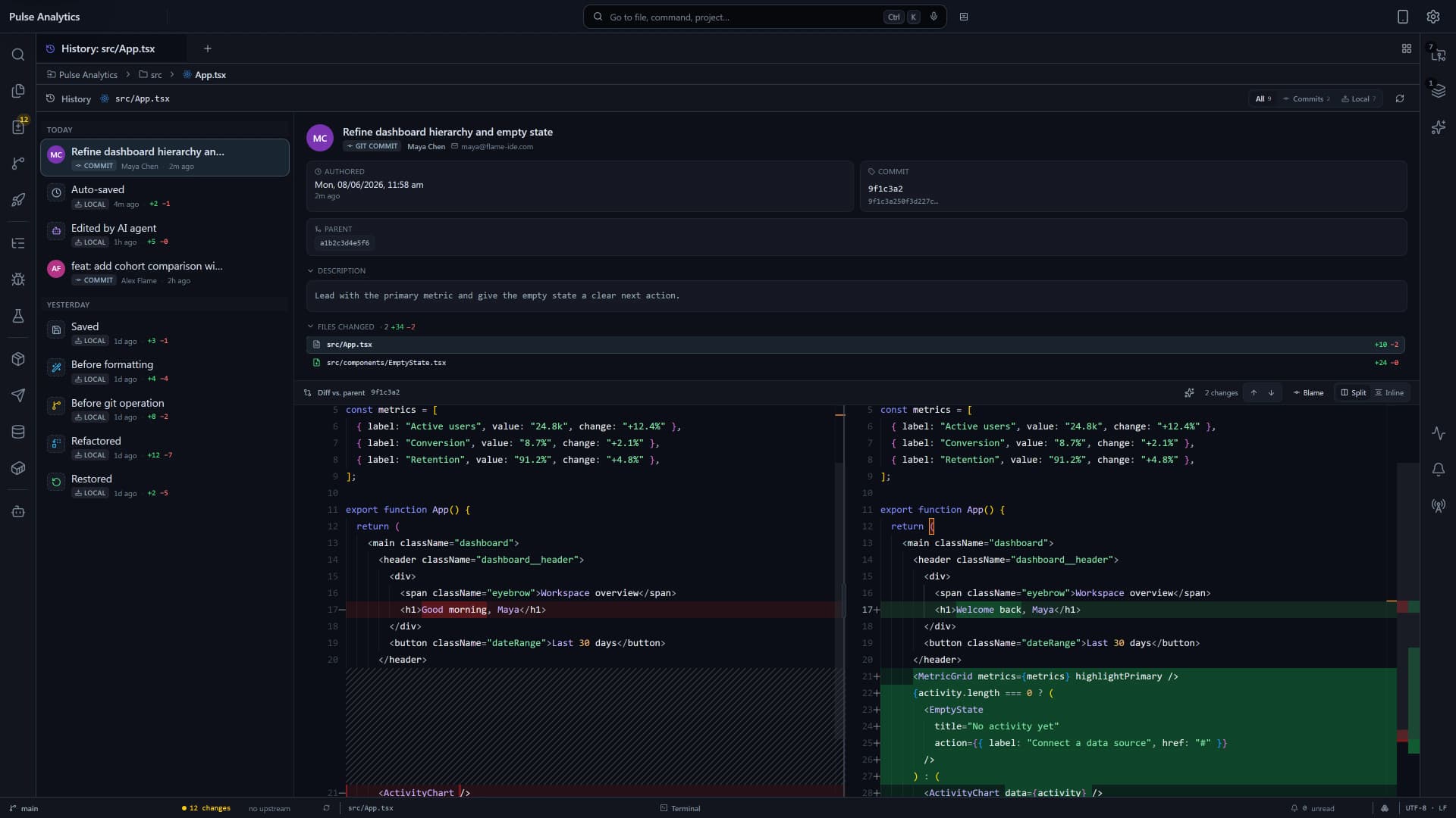 Flame file history showing Git commits and local snapshots beside a code diff.