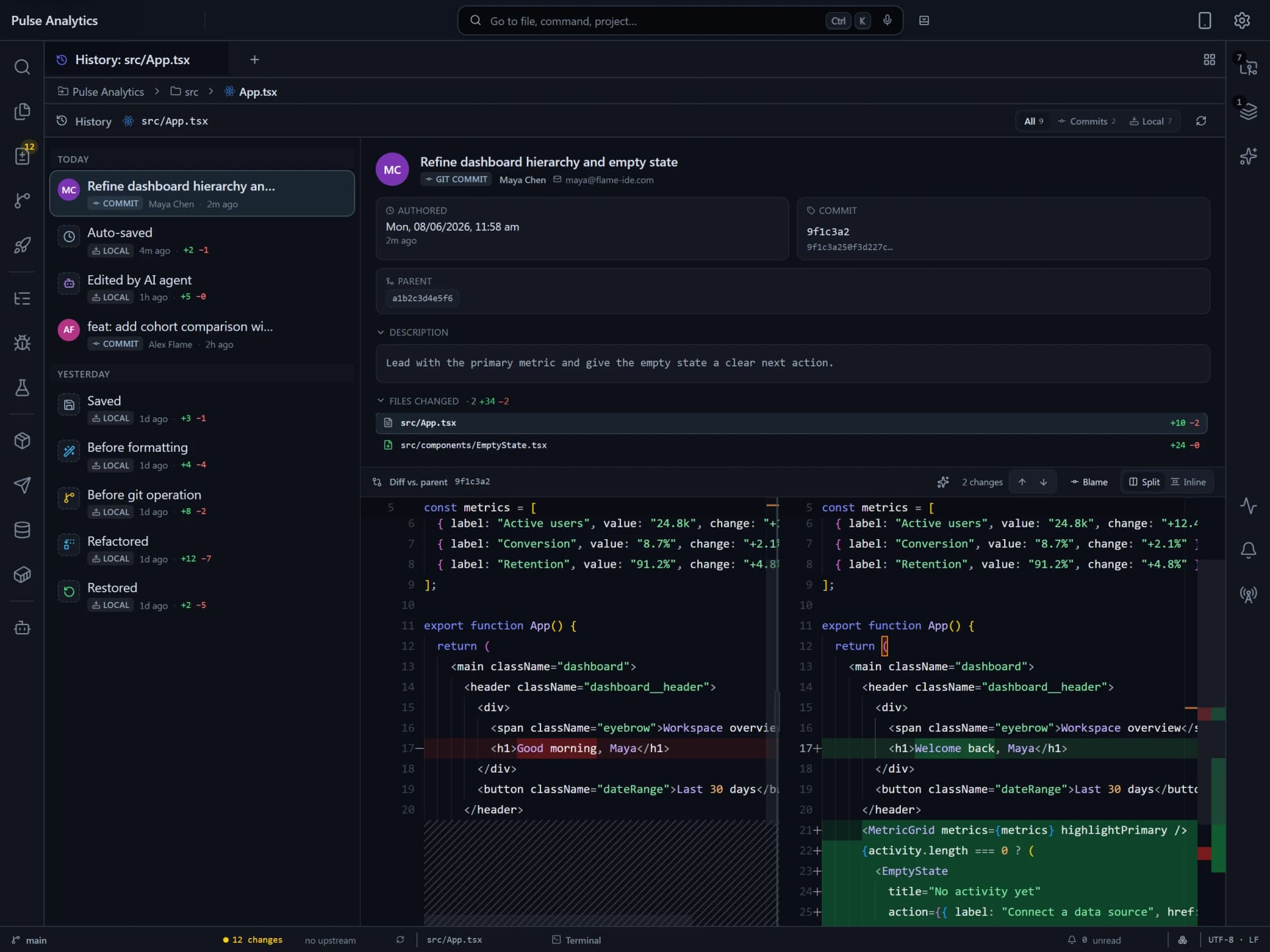 Flame file history showing Git commits and local snapshots beside a code diff.