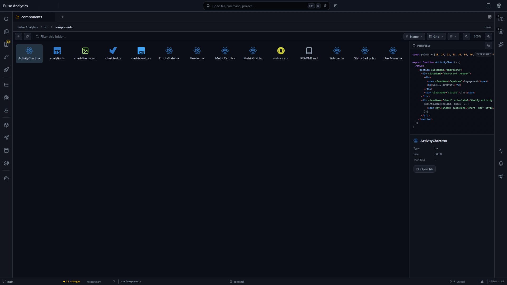 Flame visual folder view showing project image and SVG assets as thumbnails with sorting and filtering.