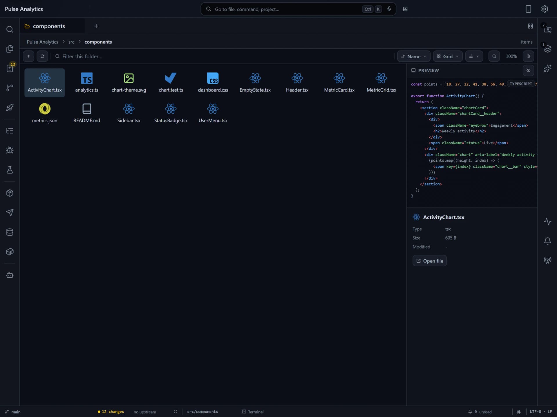 Flame Folder Viewer in grid mode showing eleven assets with file-type icons, filter, sort, grid, and zoom controls