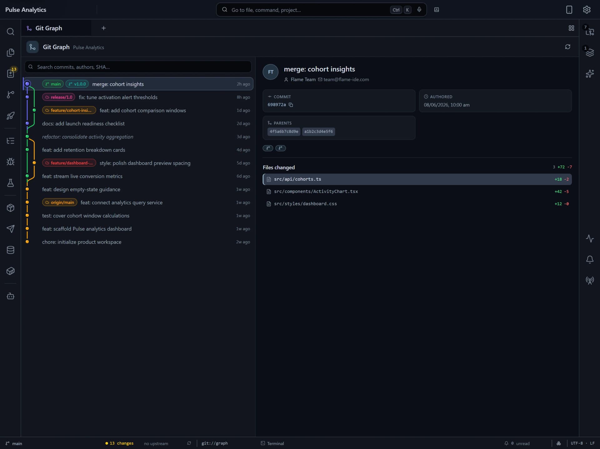 Flame Git graph showing commit lanes, branch and tag labels, a selected commit, changed files, and a diff.
