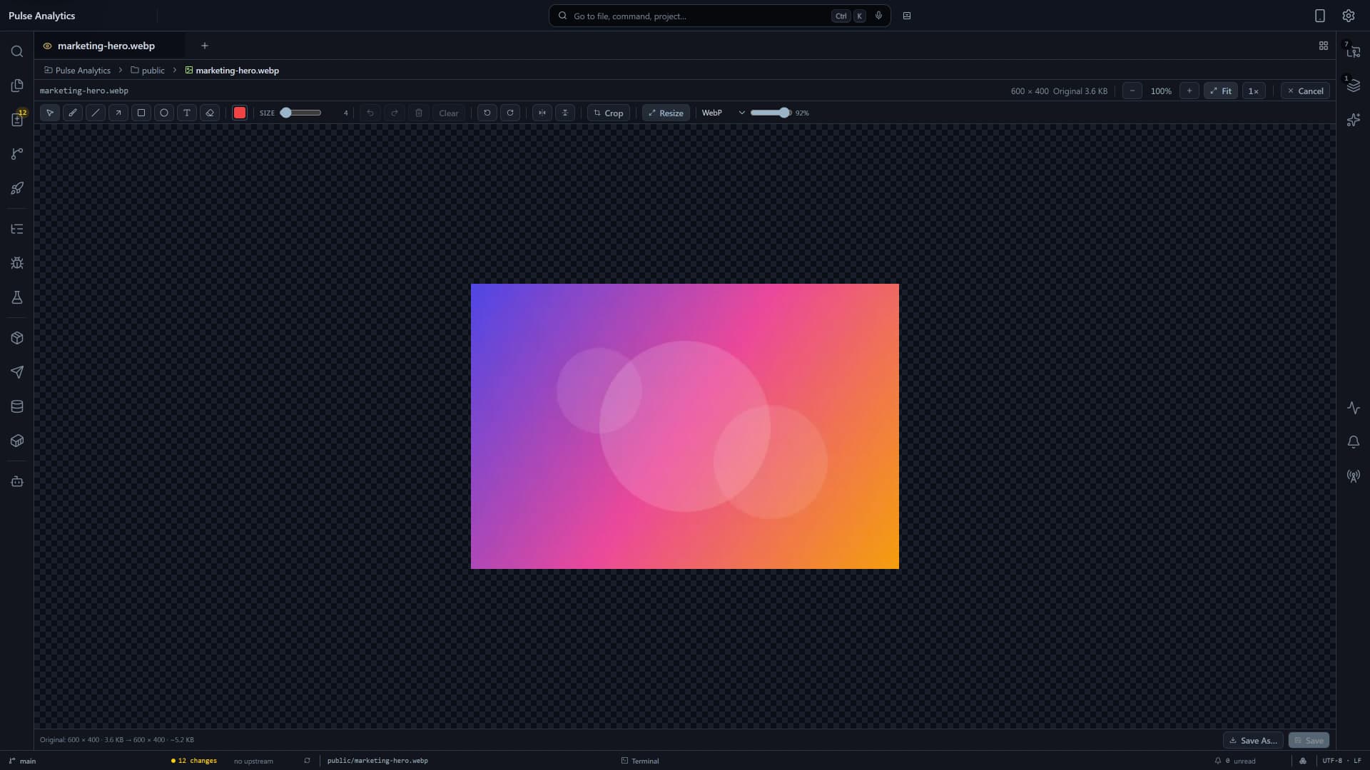 Flame image editor showing rotate, flip, crop, resize, format, quality, and save controls for a project asset.