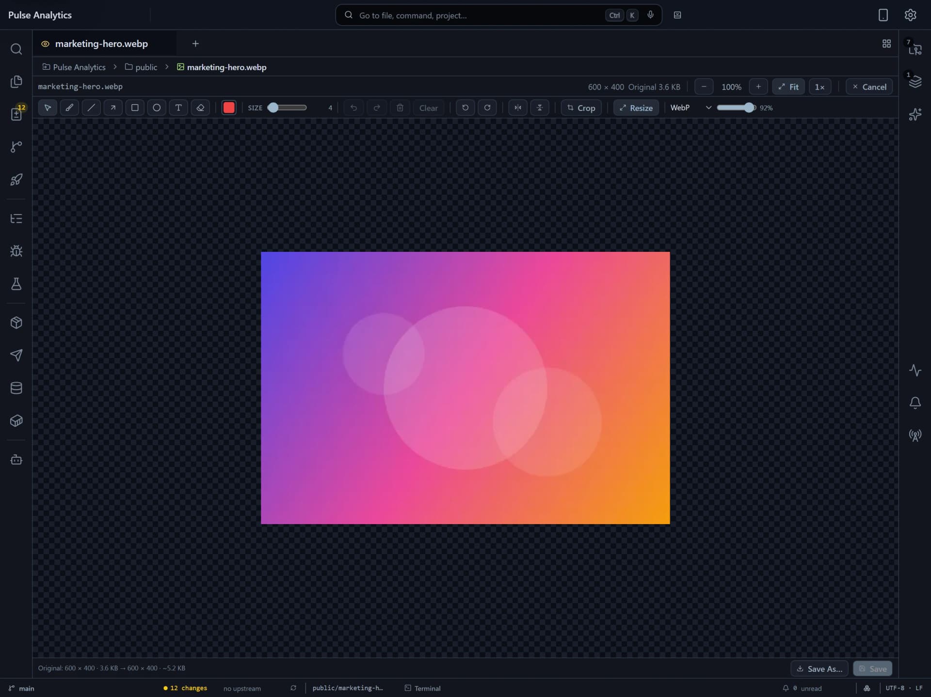 Flame image editor showing marketing-hero.webp, Rotate, Flip, Crop, Resize controls, and a 600 by 400 resize dialog