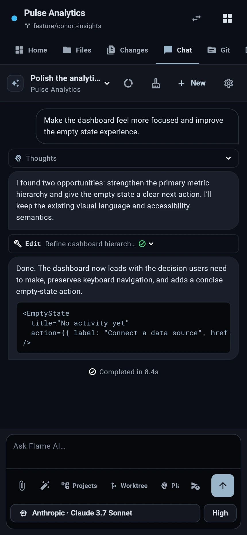 Flame Mobile AI chat showing a coding agent conversation and tool activity.