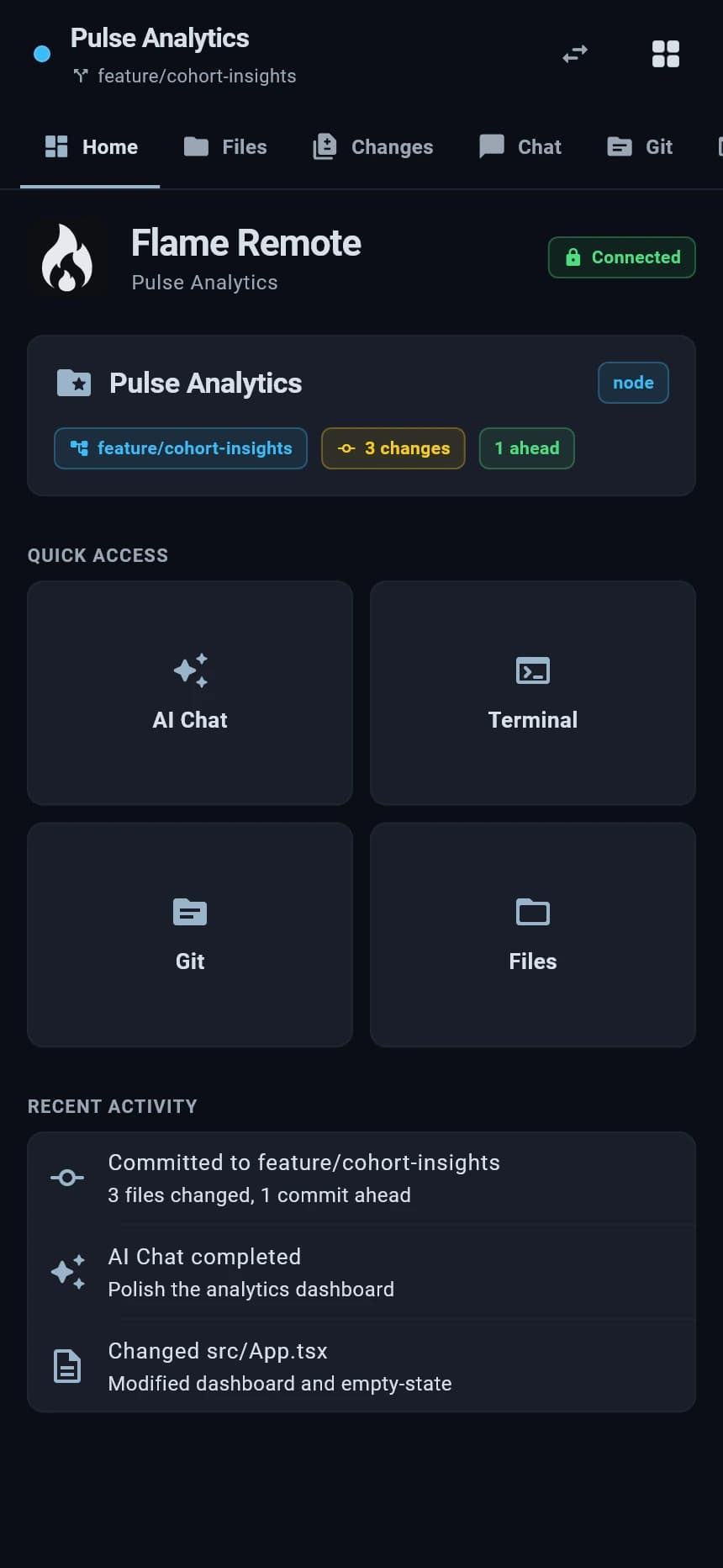Flame Mobile home screen showing projects, repository status, running agents, approvals, and recent activity.