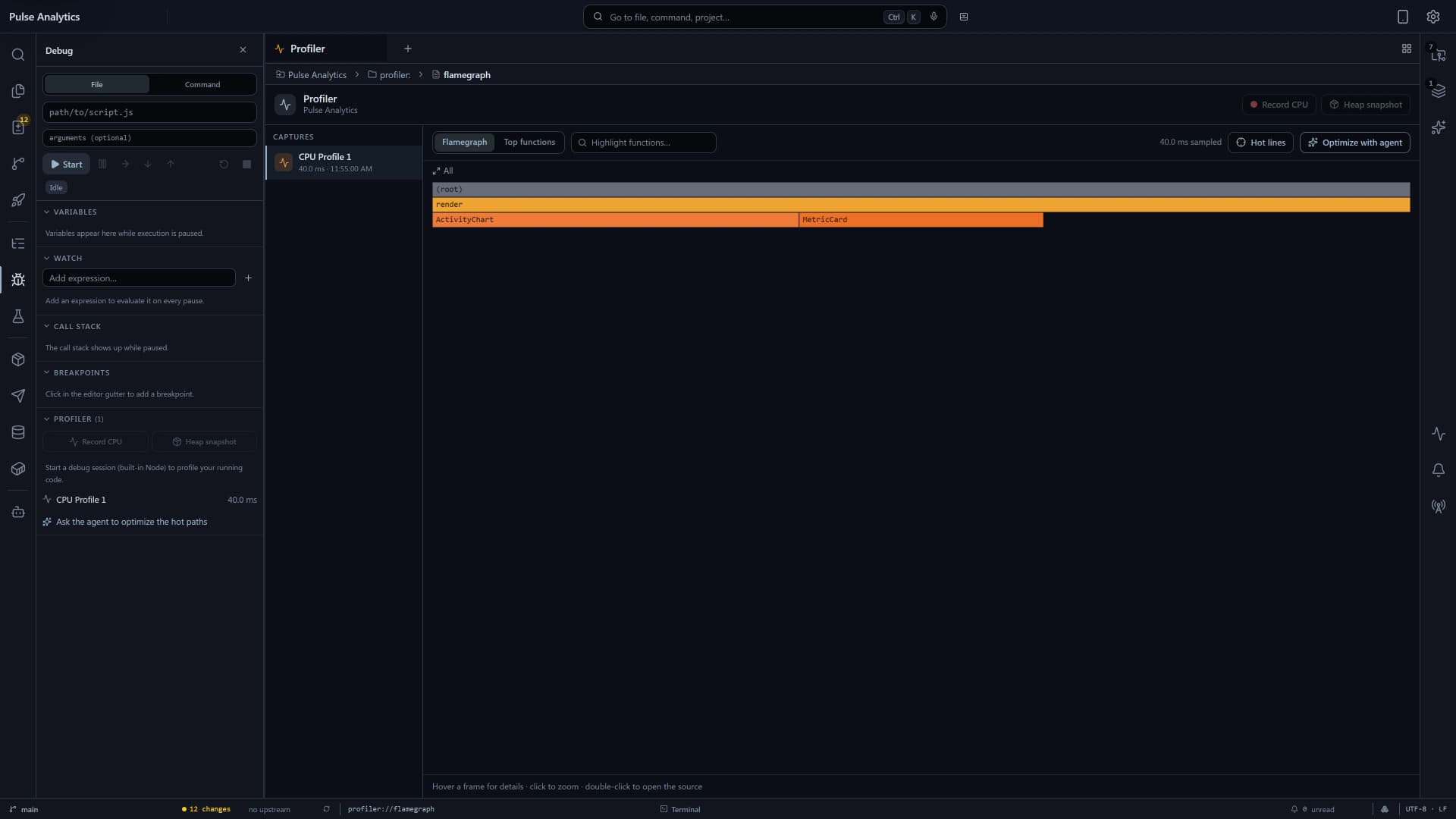 Flame profiler showing a CPU flame graph, hot lines, and an Optimize with agent action.