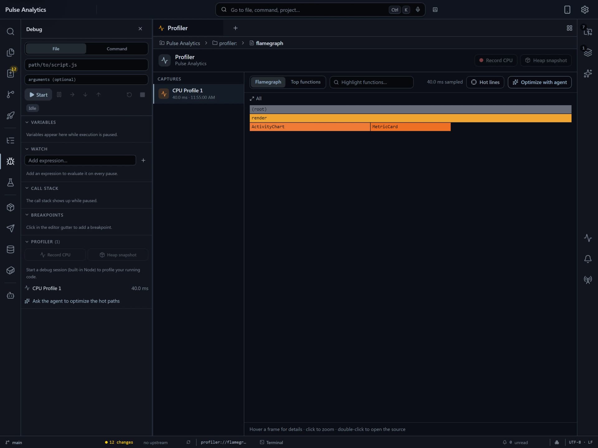 Flame profiler showing a CPU flame graph, hot lines, and an Optimize with agent action.