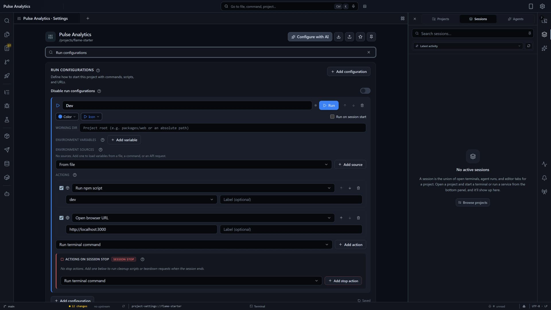 Flame Project Settings showing worktree initialization, copied local files, run actions, working directories, and environment variables.