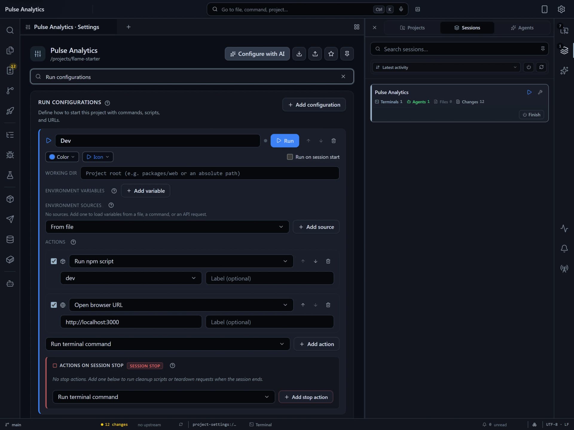 Flame Project Settings tab with Run Configurations editor showing Dev config (npm run dev and http://localhost:3000) and live session controls
