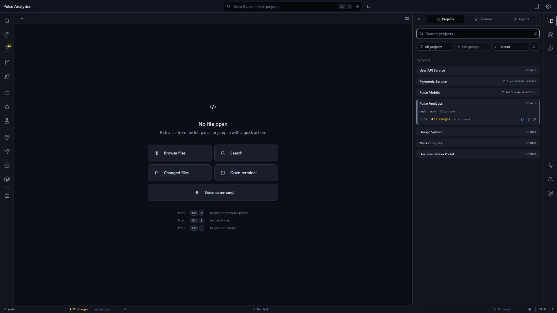 Flame Projects workspace showing several service repositories with branch, package, change, and runtime health.