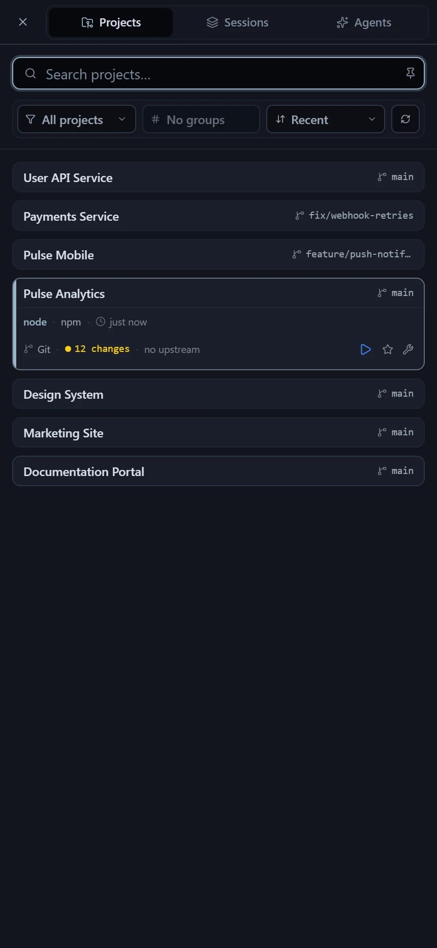 Flame project browser showing Pulse Analytics and six related repositories with branch and change status
