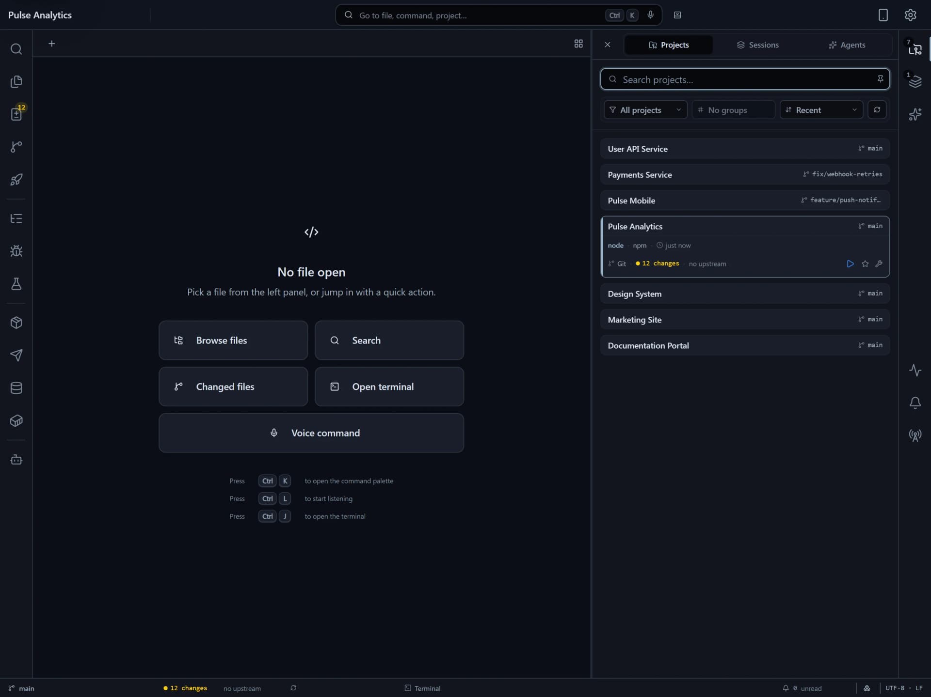 Flame Projects view listing repositories with branch, change, package, and runtime status.