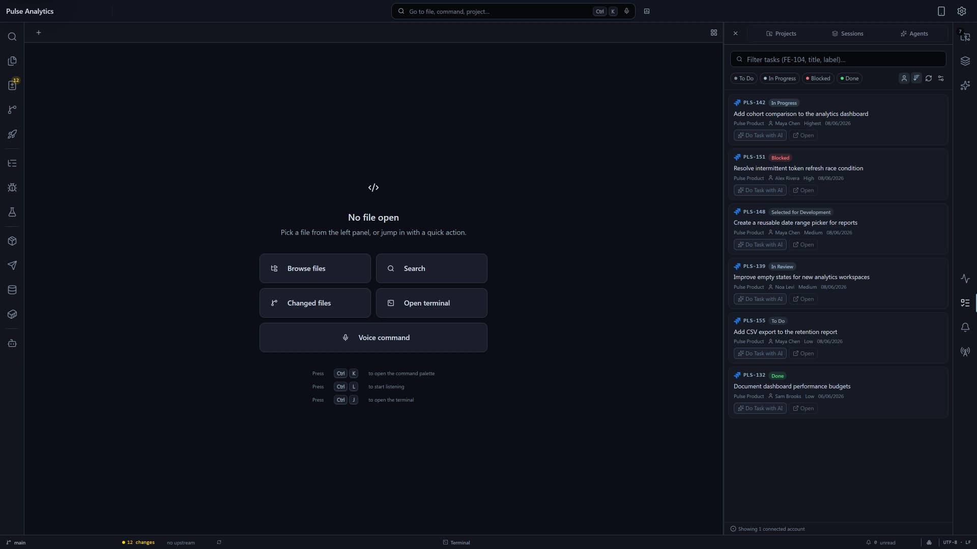 Flame Tasks Panel showing connected issue trackers, task details, filters, and one-click AI agent handoff.
