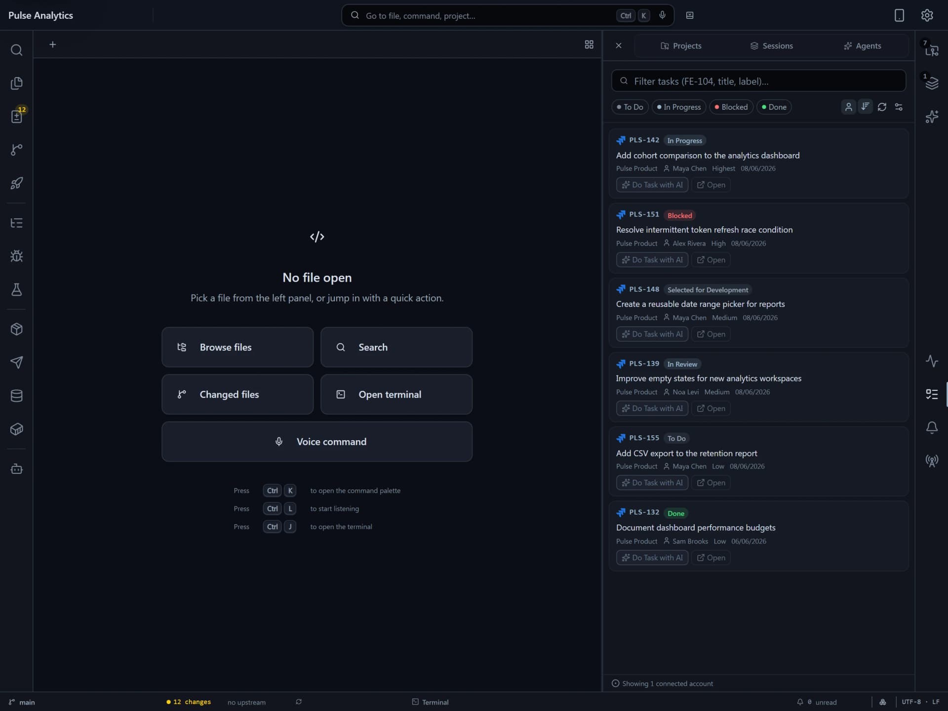 Flame Tasks Panel displaying connected task trackers, status filters, and one-click AI agent handoff.