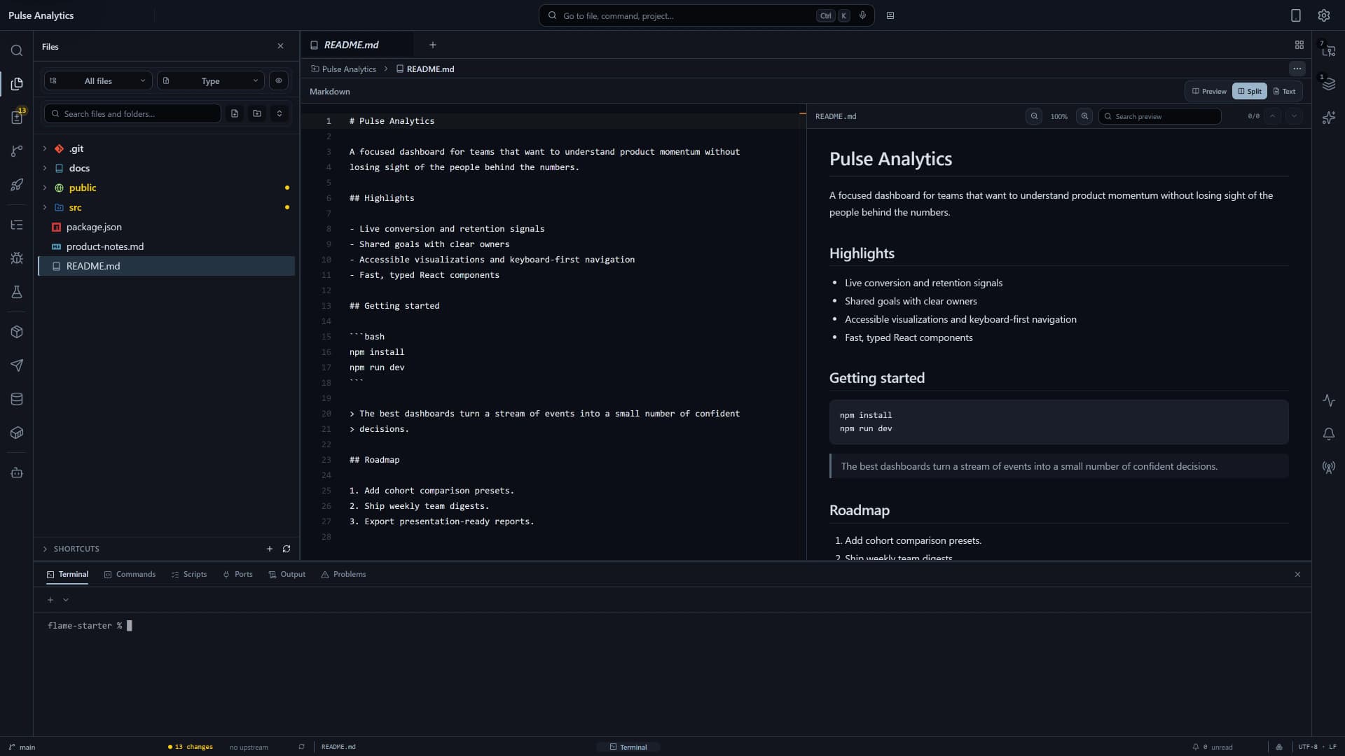 Flame IDE connected to a remote development host with multi-project trees, terminal, and AI agents.