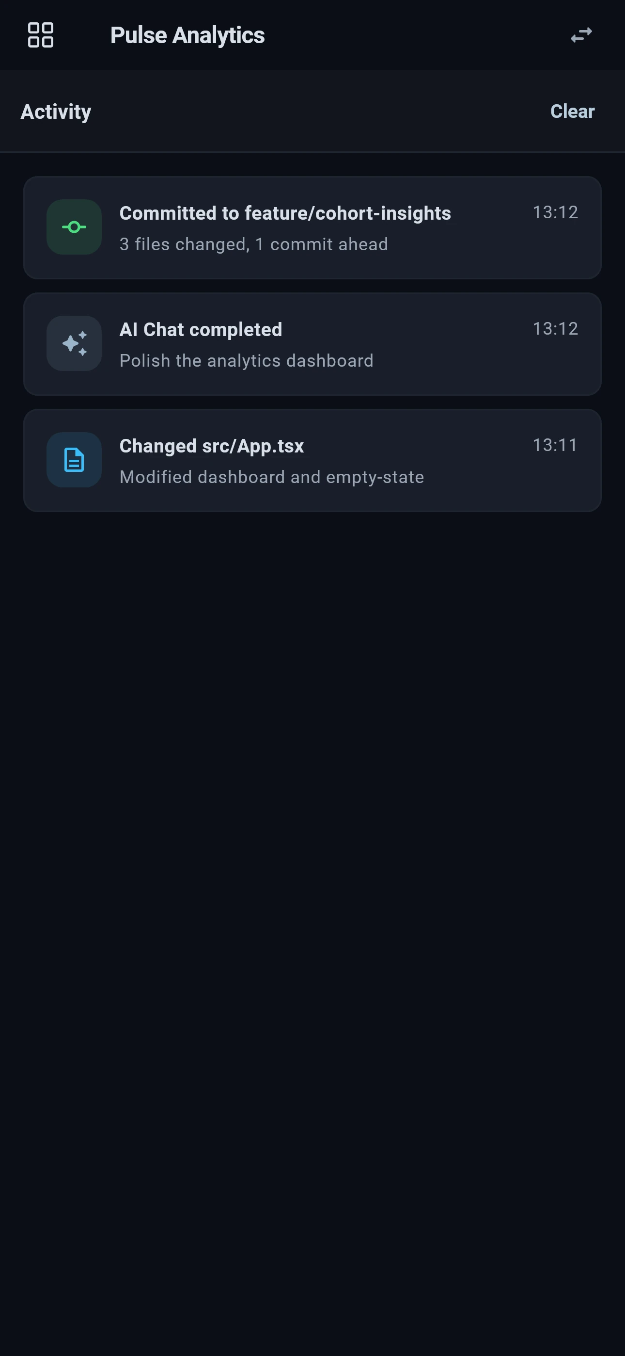 Flame Mobile Activity feed with commits, AI chat completions, and file updates