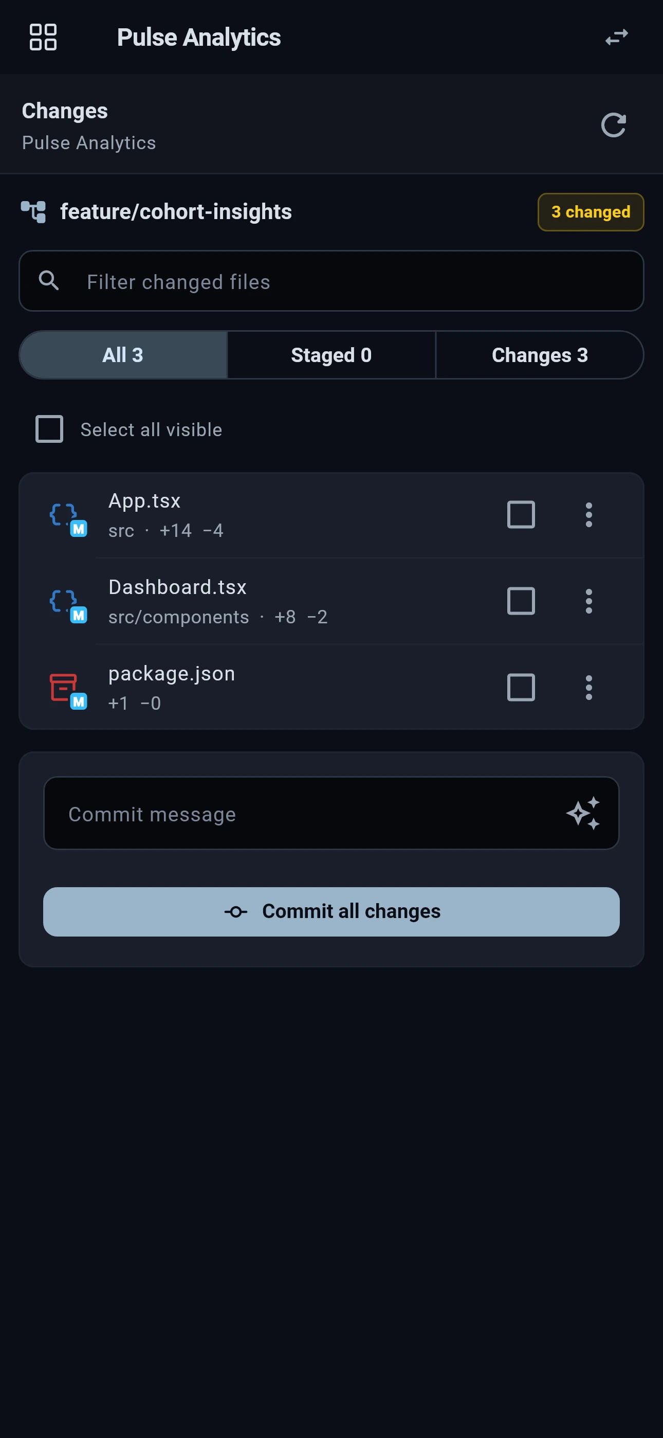 Flame Mobile Changes panel with modified source files and line change counts