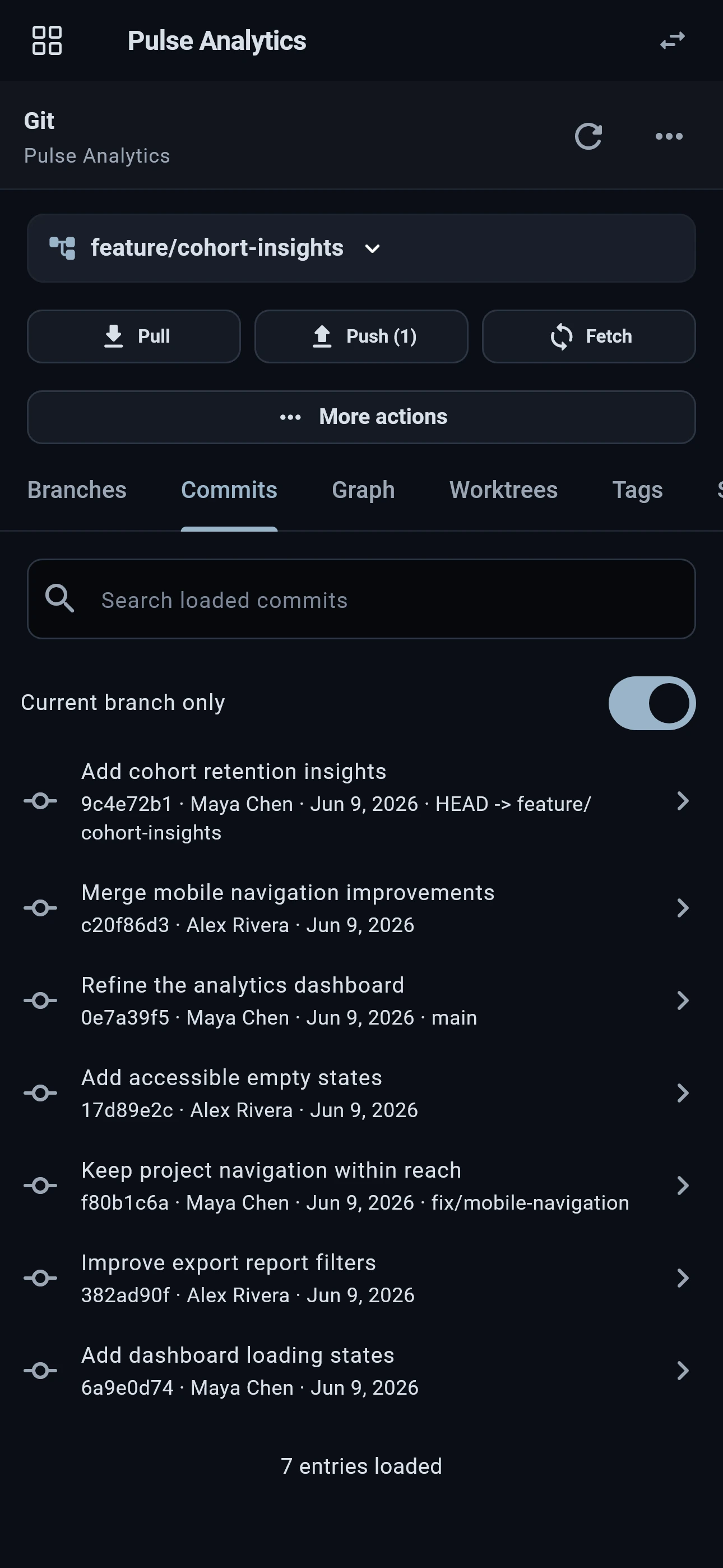 Flame Mobile searchable commit history with authors and a current-branch filter
