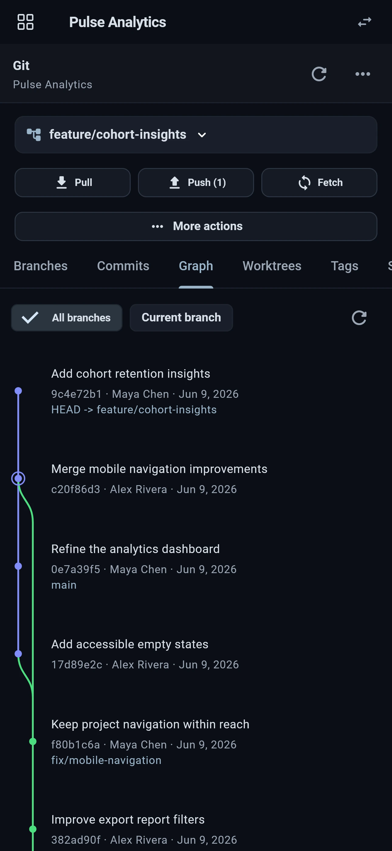 Flame Mobile Git graph with branch labels, merge paths, and commit details