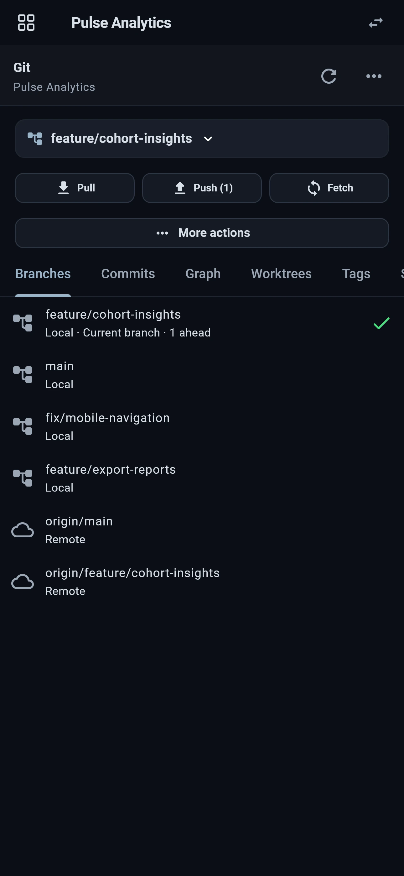 Updated Flame Mobile Git panel showing local and remote branches, pull, push, and fetch